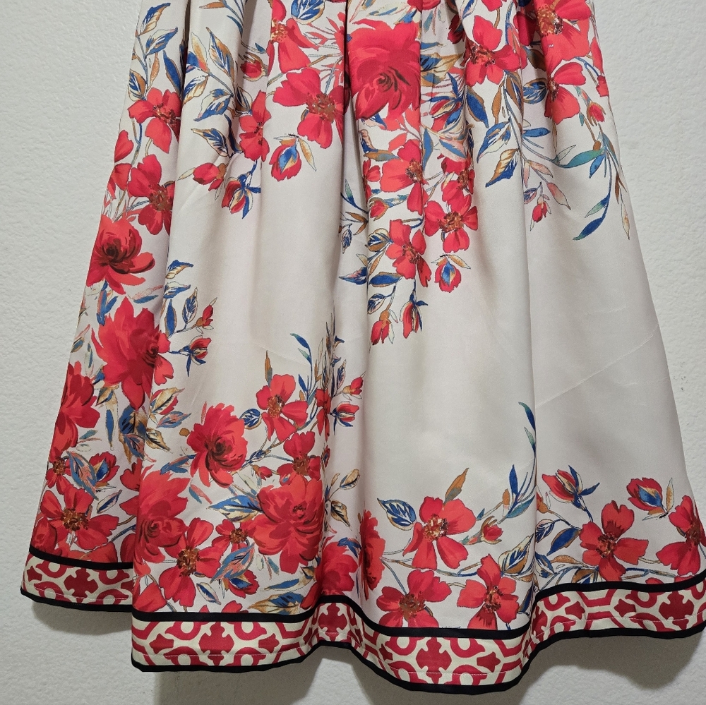 ​Flying Tomato Red Floral A-Line Skirt Geometric Border Boho Small - Picture 3 of 16